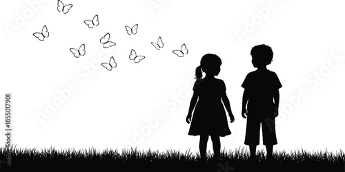 Children silhouette watching butterflies, childhood innocence concept, freedom, imagination, friendship, nature, dreams, wonder, growth, emotional moment illustration