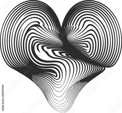 Abstract Wavy Line Heart Shape Illustration, Modern Optical Line Art Love Symbol on White Background