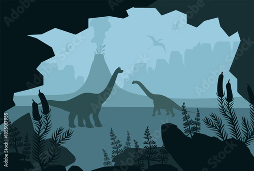 Silhouette of dinosaurs on nature landscape - eruption volcano, cave and prehistoric plants. Vector illustration with ancient diplodocus and pterodactyls.