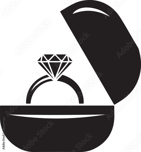 Ring box with diamond ring inside black silhouette with edge and gem lines proposal moment visual