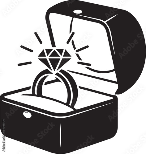 Ring box with diamond ring inside black silhouette with edge and gem lines proposal moment visual