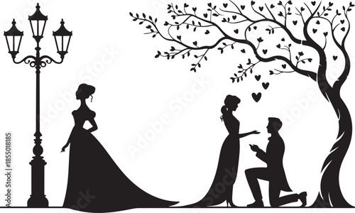 Romantic couple proposal silhouette under heart tree with street lamp, love and relationship vector illustration for Valentine’s Day, wedding, engagement, and romantic moments