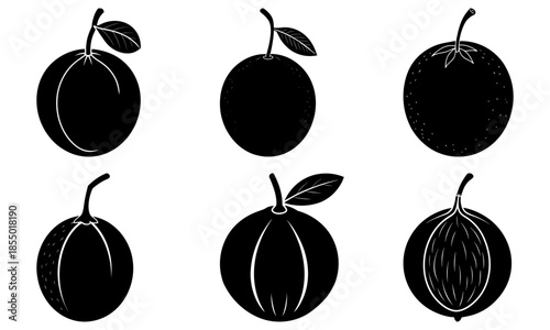 Five Black Eggplants with Leaves on White Background vegetable silhouette