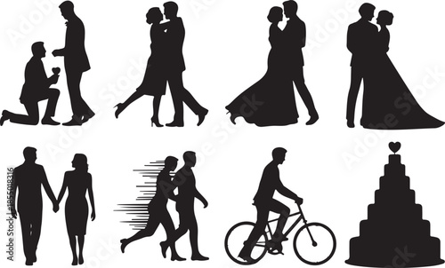 Romantic couple silhouette collection featuring wedding scenes, love poses, dancing, cycling, proposal moments, celebrating relationships, perfect for creative design and illustration projects