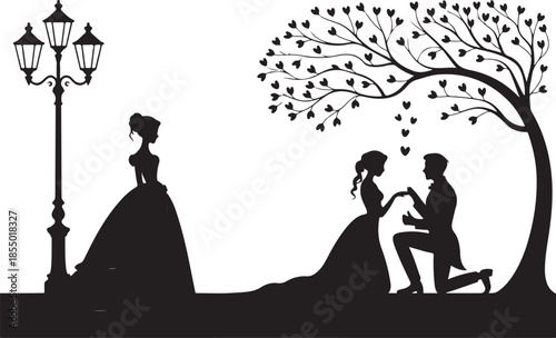 Romantic couple proposal silhouette under heart tree with street lamp, love and relationship vector illustration for Valentine’s Day, wedding, engagement, and romantic moments