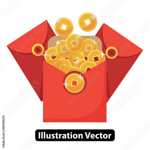 Bright vector illustration of an open red envelope spilling golden coins, symbolizing good fortune and wealth during Lunar New Year.