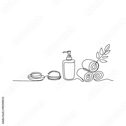 Minimalist line drawing of bathroom essentials soap towels and lotion