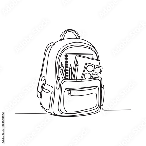 A single line drawing of a backpack filled with school supplies