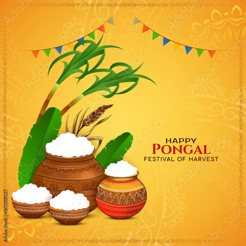 Happy Pongal Indian festival artistic yellow background