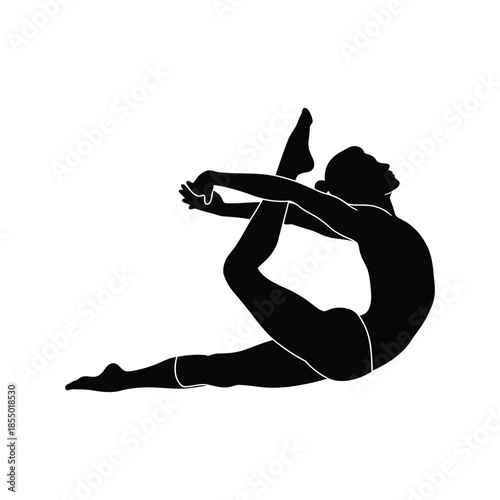 Black silhouette of a person performing a yoga pose on a white background flexibility