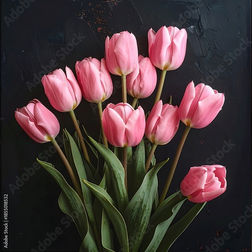 Pink tulips blossom against a dark textured backdrop