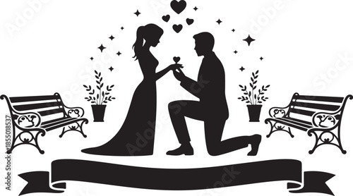 Romantic marriage proposal silhouette with hearts and benches in the park