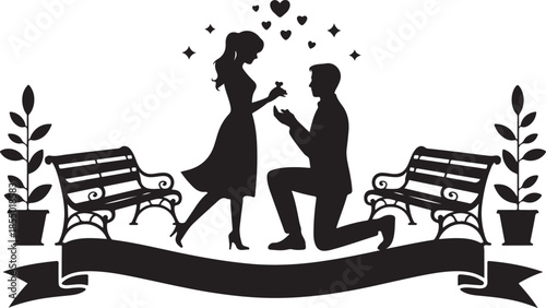 Romantic marriage proposal silhouette with hearts and benches in the park