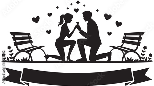 Romantic proposal silhouette on bench with hearts and stars decoration