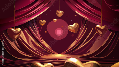 Golden hearts hanging from red curtains on stage