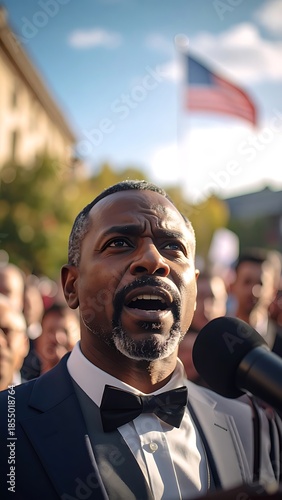 Person speaking passionately at a rally, with a crowd behind and an American flag in the background