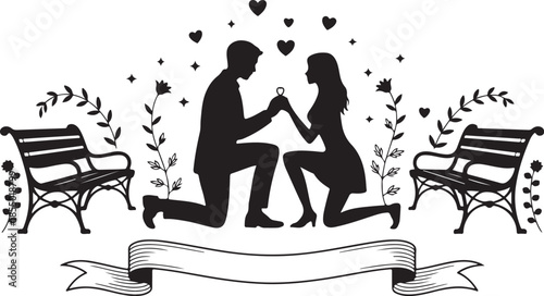 Romantic proposal silhouette on bench with hearts and stars decoration