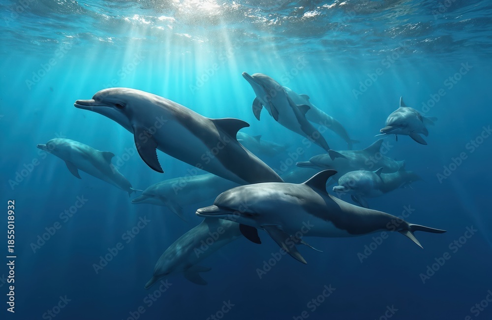 Obraz premium Pod of dolphins swims in clear blue ocean water with sun rays filtering from above. Marine mammals move together in their natural habitat, showing group dynamics and aquatic life.