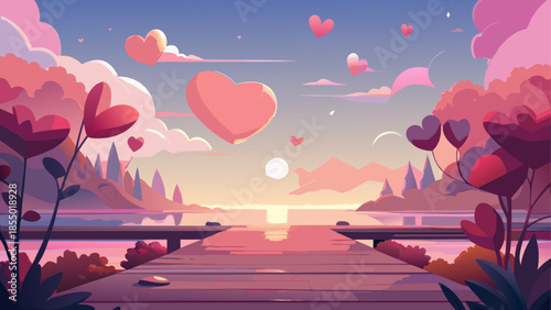 Romantic sunset on a serene lake with heart shaped clouds