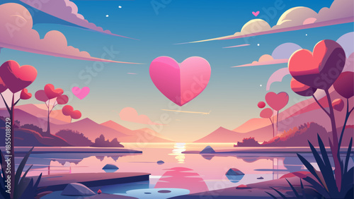 Beautiful heart shaped landscape with lake and mountains