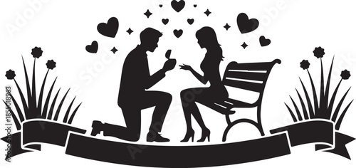 Romantic proposal silhouette with hearts and stars for wedding or valentines day