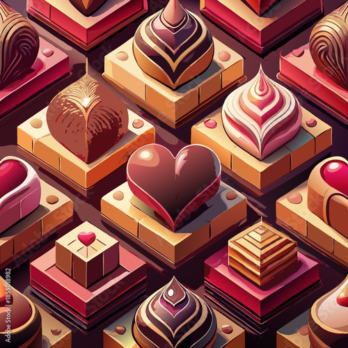 Assorted chocolates and desserts on decorative platforms