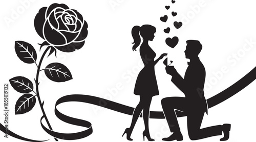 Romantic proposal silhouette with rose hearts and ribbon for valentine s day