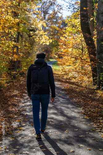 Schönes Bayern: Spaziergang, Wanderung am Starnberger See im Herbst, Nähe Bernried: Mann geht auf Waldweg spazieren