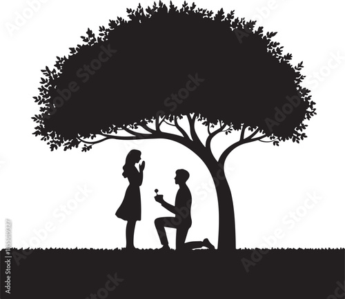 Romantic silhouette proposal under large tree couple kneeling love story outdoor evening ambiance romantic scene isolated on white background