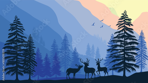 Mountains landscape with forest and pine tree and deer illustration