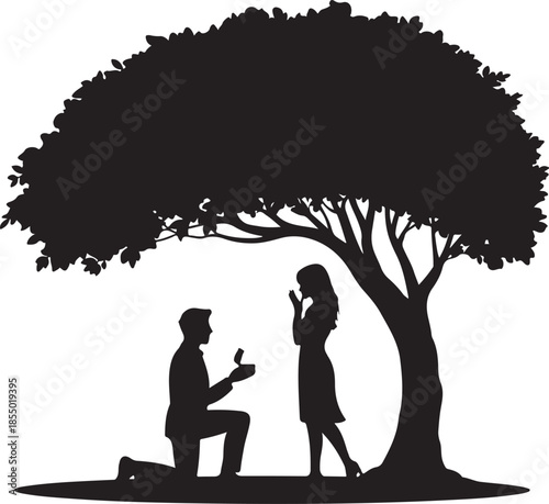 Romantic silhouette proposal under large tree couple kneeling love story outdoor evening ambiance romantic scene isolated on white background