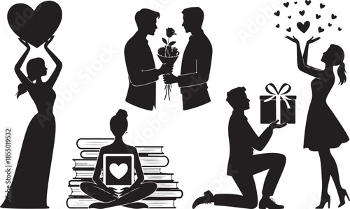 Romantic silhouette vector art showing couples exchanging hearts, flowers, and gifts, man proposing on one knee, woman throwing hearts upward, minimal black design on white background