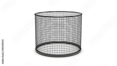 Conceptual 3D illustration of a hollow, black wire mesh cylinder, often used as a basket or cage, presented on a stark white background