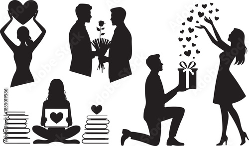 Romantic silhouette vector art showing couples exchanging hearts, flowers, and gifts, man proposing on one knee, woman throwing hearts upward, minimal black design on white background