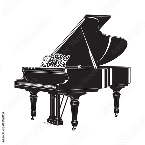Elegant black grand piano with open lid detail of musical instrument