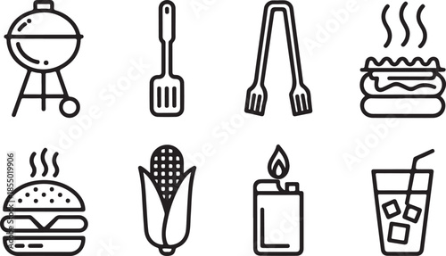 Set of hand-drawn barbecue and grilling icons for summer outdoor cooking and food preparation silhouette