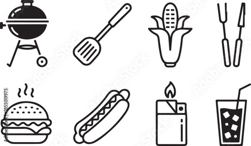 Set of hand-drawn barbecue and grilling icons for summer outdoor cooking and food preparation silhouette