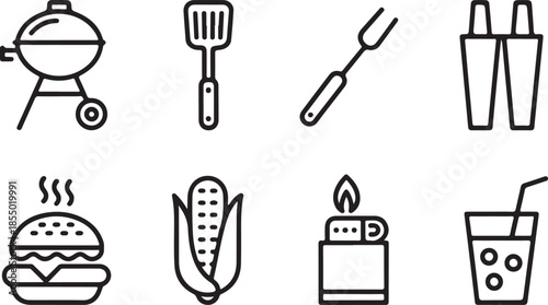 Set of hand-drawn barbecue and grilling icons for summer outdoor cooking and food preparation silhouette