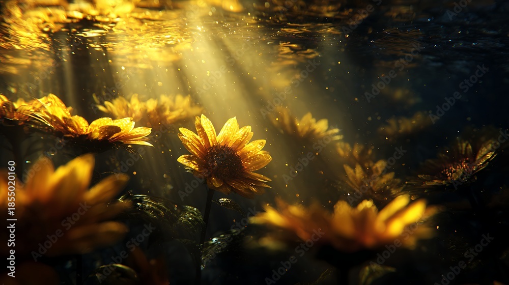 Fototapeta premium A serene underwater scene with sunflowers illuminated by sunbeams