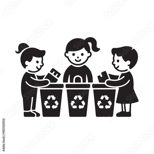Three children sorting waste into recycling bins promoting environmental responsibility