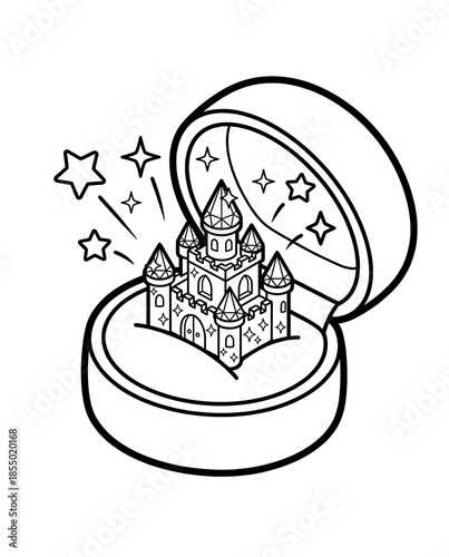 A whimsical illustration of a castle inside a jewelry box, adorned with stars and sparkles, representing dreams and fantasy in a playful, artistic style.