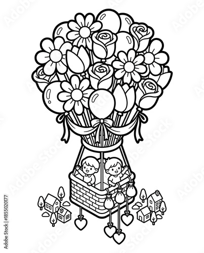 A whimsical illustration featuring a colorful hot air balloon adorned with flowers, balloons, and two cheerful children in a cozy basket, celebrating joy and adventure.