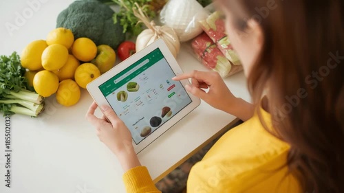 Woman using a tablet to browse online grocery store with fresh produce on a kitchen counter online shopping