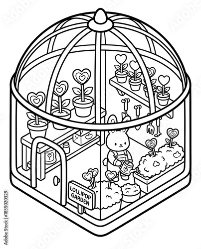A whimsical illustration of a lollipop garden featuring a cute bunny tending to heart-shaped plants in a glass greenhouse, combining creativity and nature.