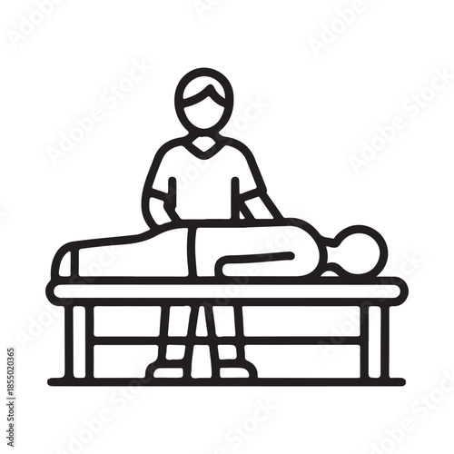 Line art illustration of a physical therapist working on a patient s back