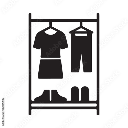 A simple clothes rack displaying a t shirt pants skirt and shoes