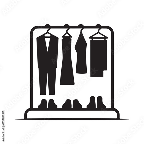 A simple black and white illustration of clothing hanging on a rack