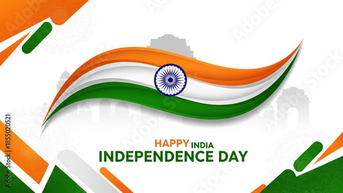 Indian independence day celebration illustration with flag and monument silhouette on white