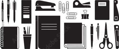 Set of vector office supplies icon. Business silhouette icons