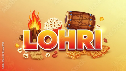 Lohri celebration elements, traditional indian festival, bonfire, drum, sweets, and popcorn